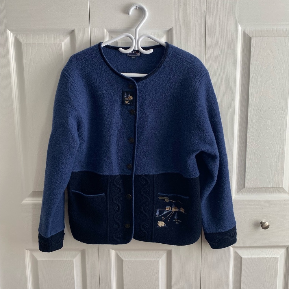 Vintage wool cardigan with embroidered sheep and farm